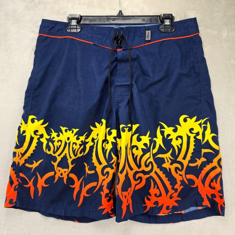 No Fear Board Shorts Mens Size 34 Blue Tribal Flames Swim Trunks Vtg Y2K Surf
